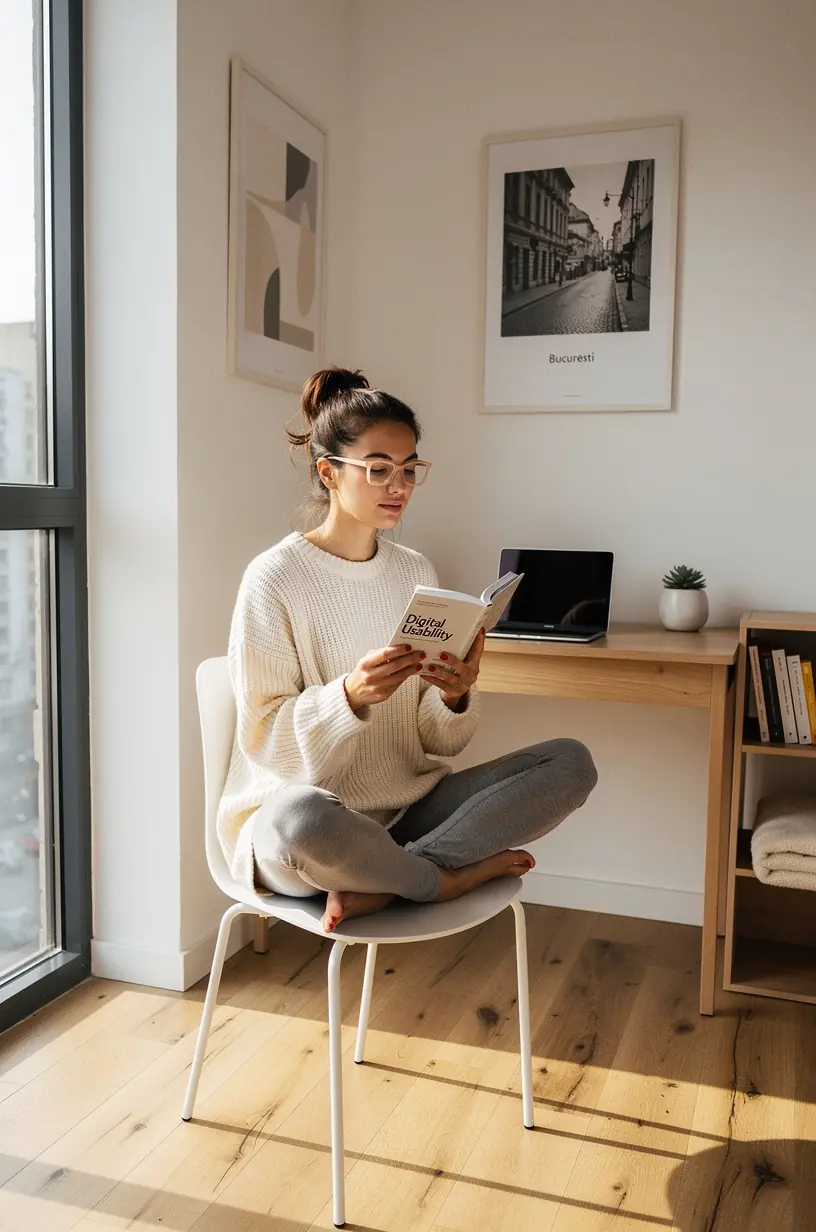 Ilustrație educațională cu iconițe reprezentând eliminarea distragerilor și maximizarea productivității digitale.